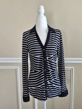 Cache Black and White Striped Button-Front Blouse Cardigan